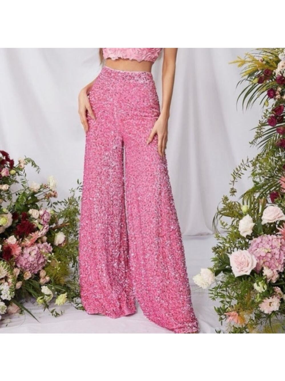 Faeriesty Retro Pink Sequin Lined Velour Wide Leg Bell Bottom Pants XS